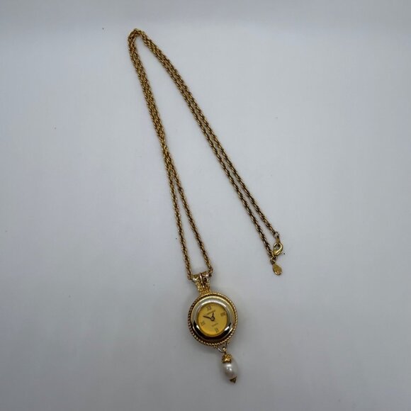 Gold Tone Pendant Watch Necklace With Faux Pearl Drop Floral Roman Working READ - Picture 7 of 10